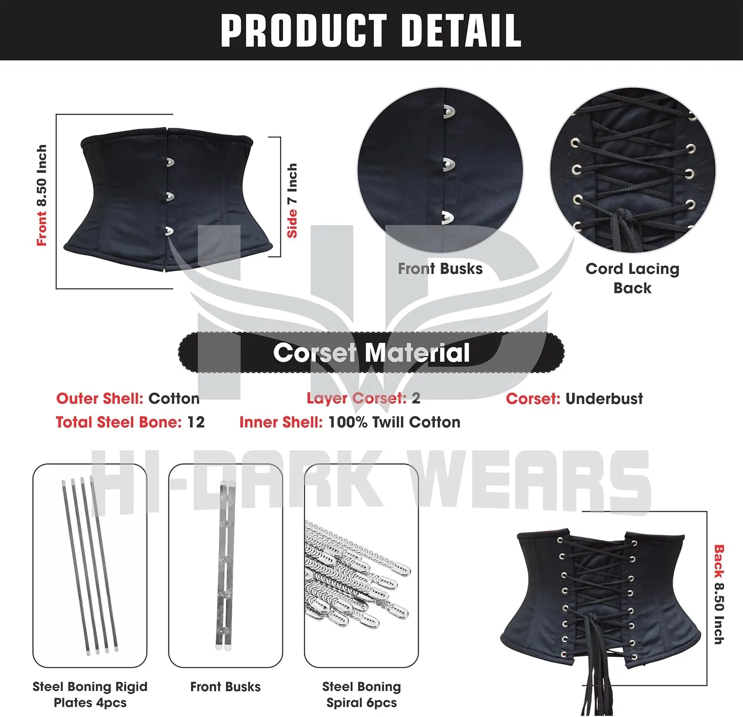 Women's Heavy Duty Steel Boned Waist Trainer Cincher Underbust Waspie Corset | Black Cotton Body Shaper