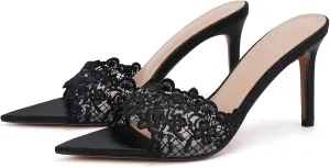 Women's Lace Pointed Open Toe Stiletto Slide Sandals Sexy Fashion Slip-On High Heel Mules Comfortable Slingback Party Wedding Prom Dress Shoes