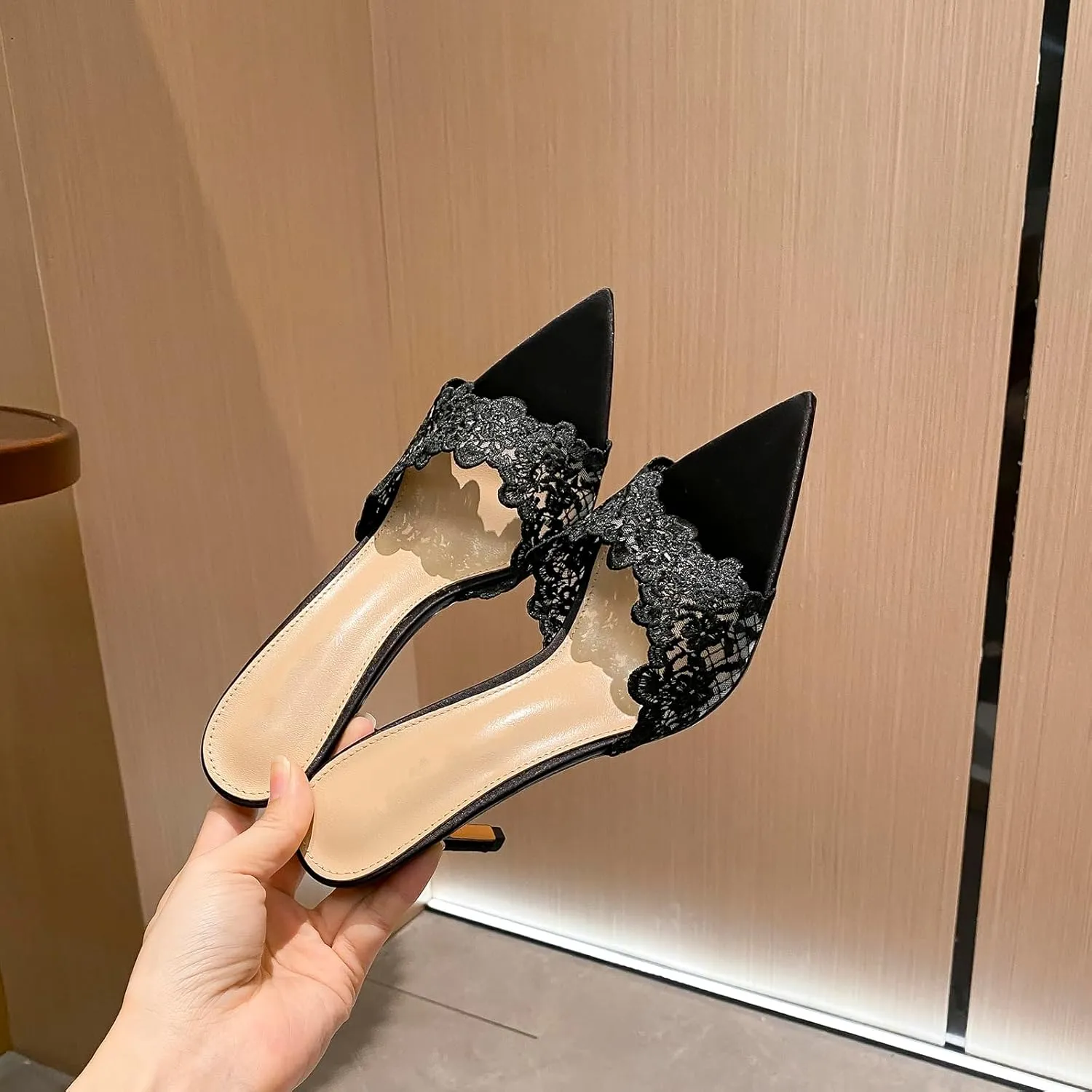 Women's Lace Pointed Open Toe Stiletto Slide Sandals Sexy Fashion Slip-On High Heel Mules Comfortable Slingback Party Wedding Prom Dress Shoes