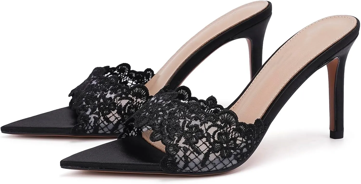 Women's Lace Pointed Open Toe Stiletto Slide Sandals Sexy Fashion Slip-On High Heel Mules Comfortable Slingback Party Wedding Prom Dress Shoes