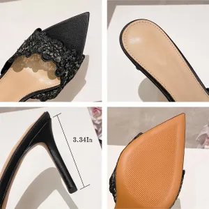 Women's Lace Pointed Open Toe Stiletto Slide Sandals Sexy Fashion Slip-On High Heel Mules Comfortable Slingback Party Wedding Prom Dress Shoes