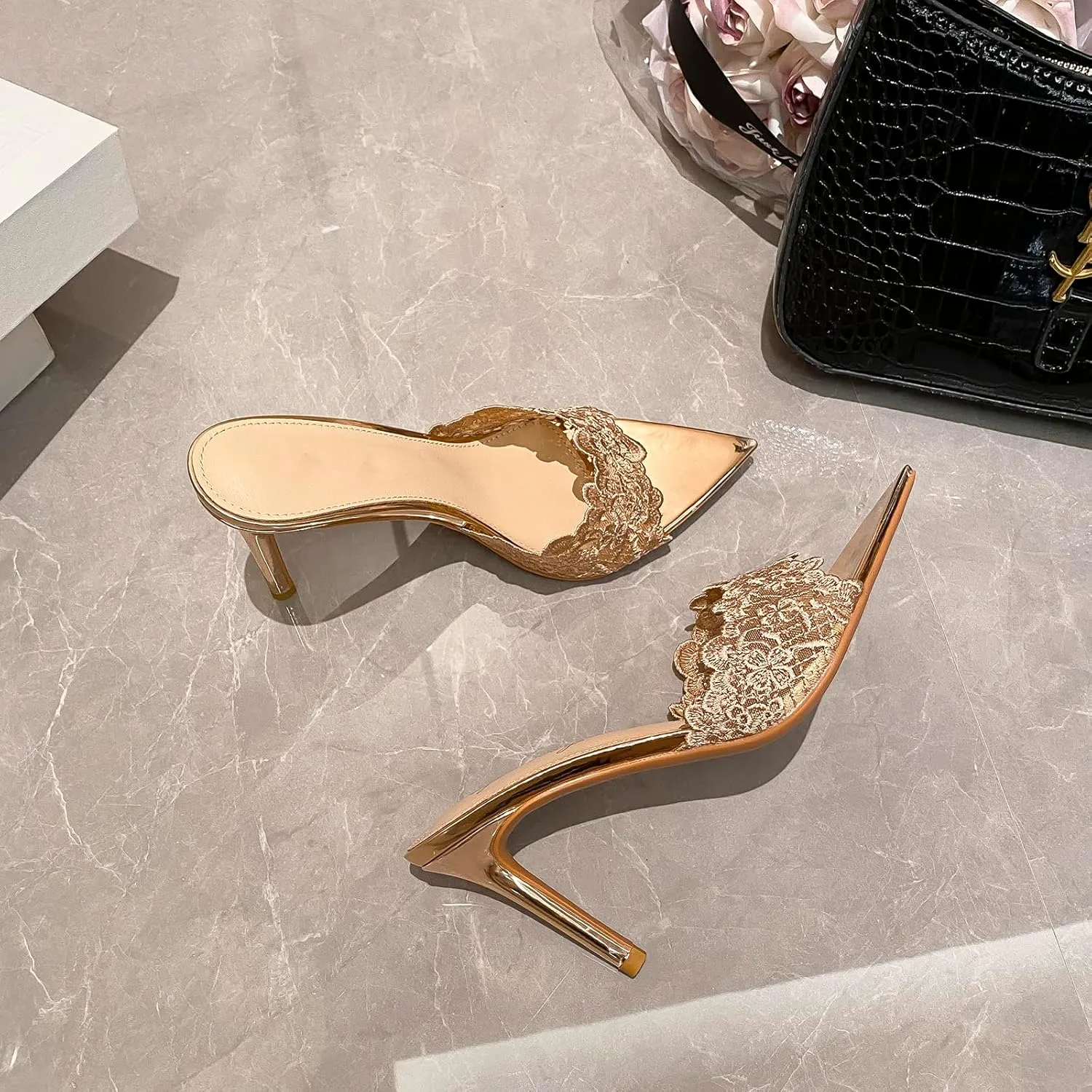 Women's Lace Pointed Open Toe Stiletto Slide Sandals Sexy Fashion Slip-On High Heel Mules Comfortable Slingback Party Wedding Prom Dress Shoes