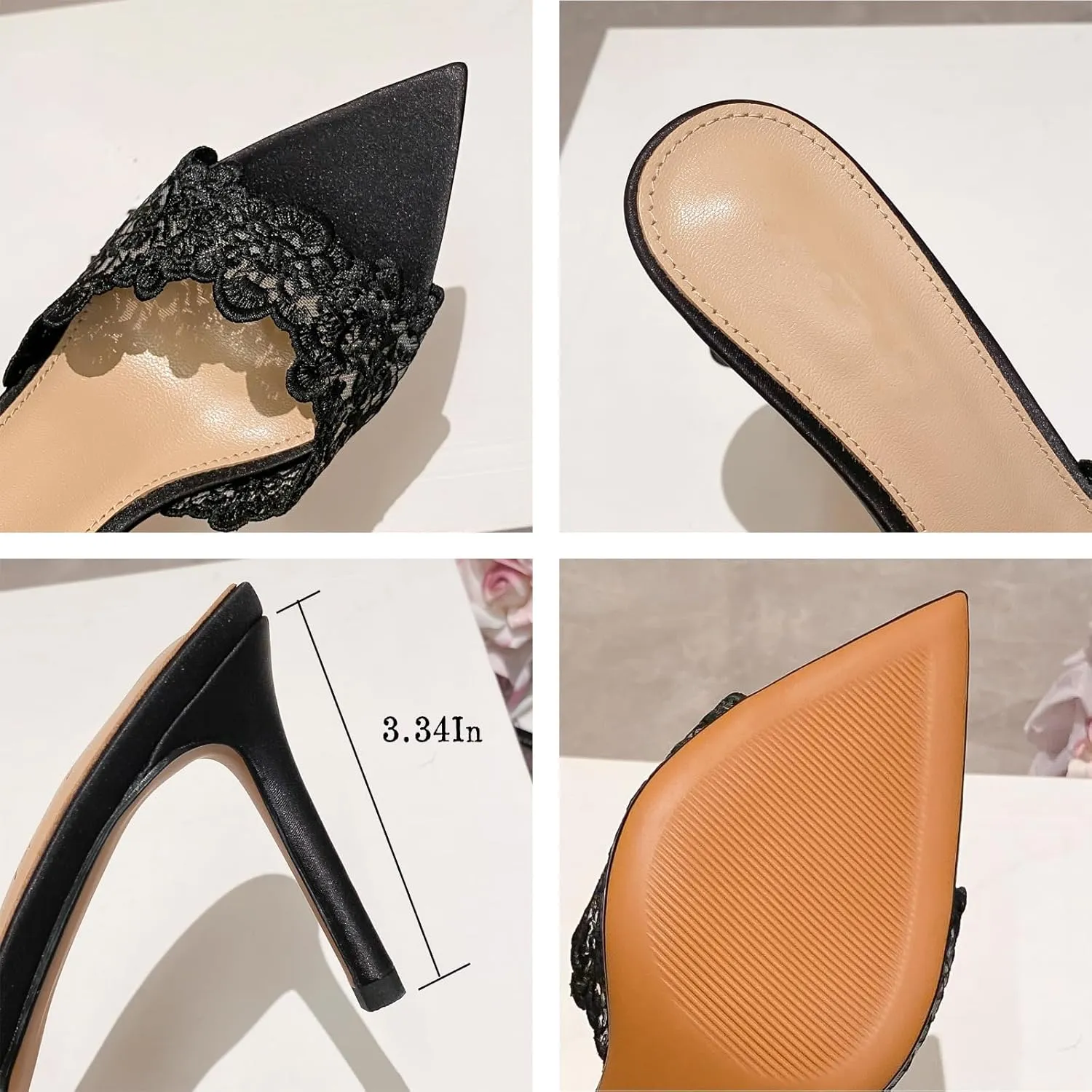 Women's Lace Pointed Open Toe Stiletto Slide Sandals Sexy Fashion Slip-On High Heel Mules Comfortable Slingback Party Wedding Prom Dress Shoes