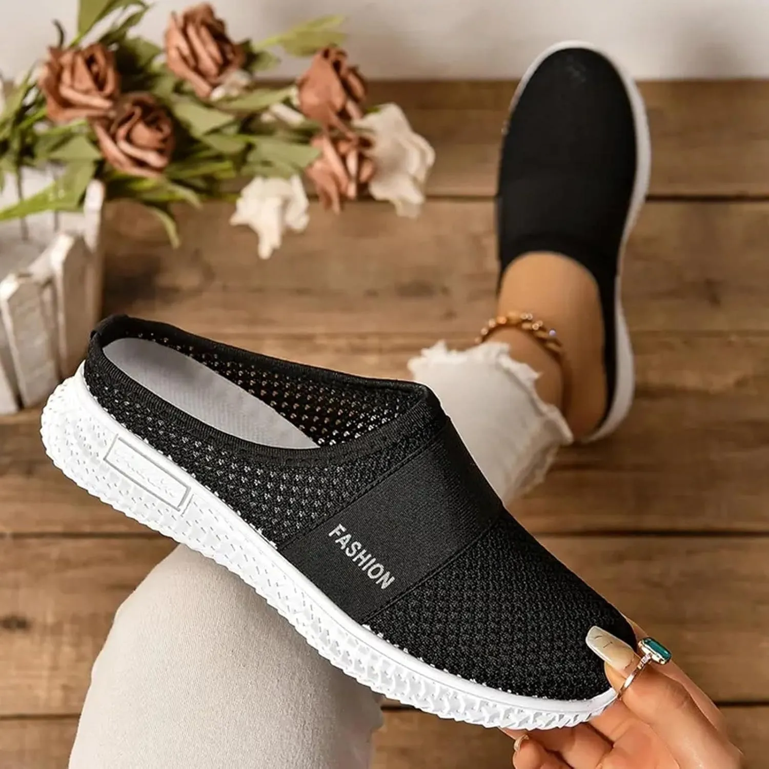Womens Mules Comfortable Orthopedic Shoes with Arch Support Breathable Hollow Out Clogs Lightweight Open Back Shoes Diabetic Air-Cushion Slip-On Walking Shoe Closed Toe Mules