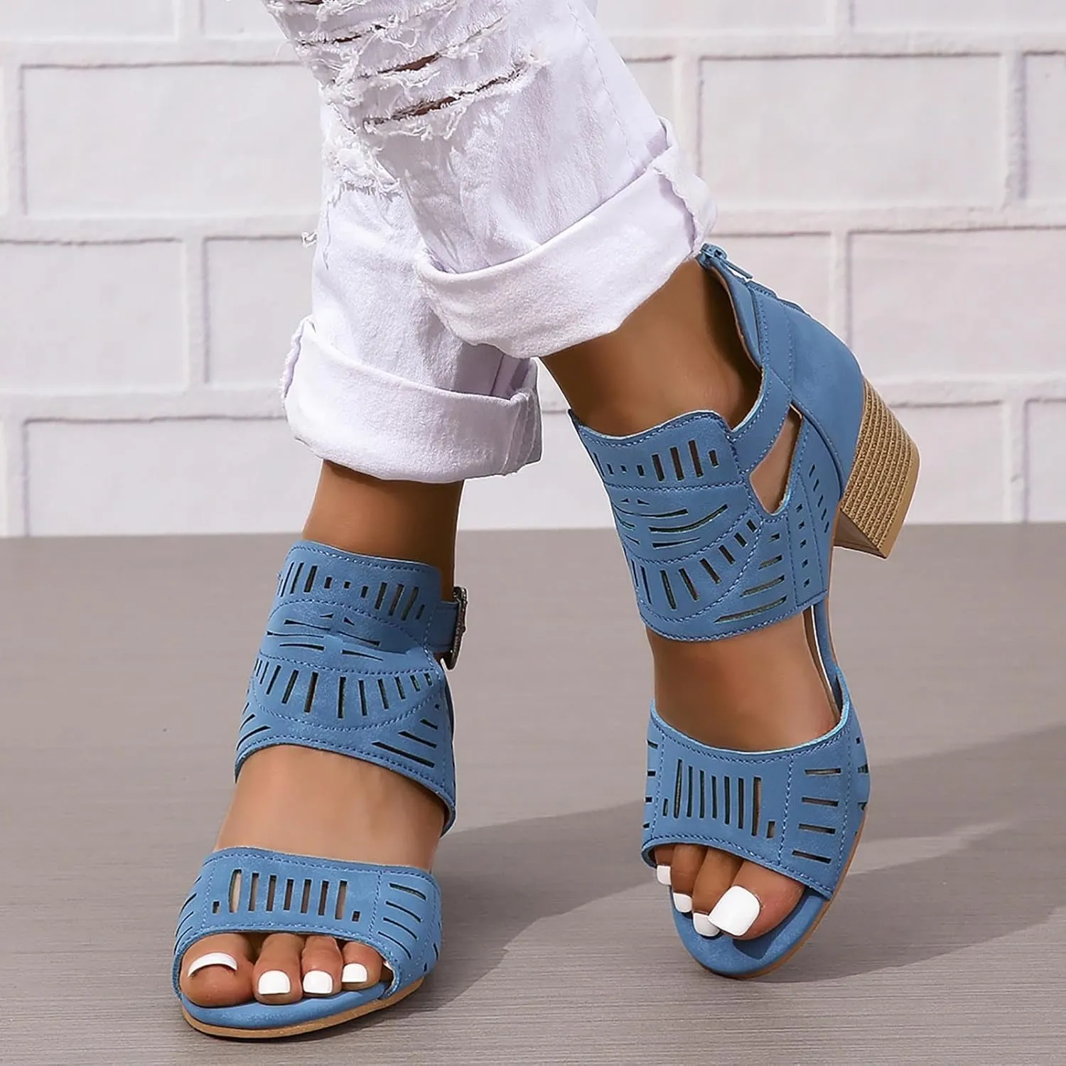 Womens Open Toe Ankle Booties 2025 Summer Hollow Out Chunky Heels Cutout Sandals Solid Color Casual Dress Footwear for Working Beach Vacation