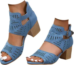 Womens Open Toe Ankle Booties 2025 Summer Hollow Out Chunky Heels Cutout Sandals Solid Color Casual Dress Footwear for Working Beach Vacation