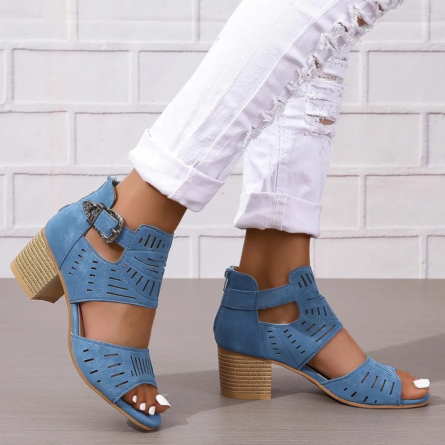 Womens Open Toe Ankle Booties 2025 Summer Hollow Out Chunky Heels Cutout Sandals Solid Color Casual Dress Footwear for Working Beach Vacation