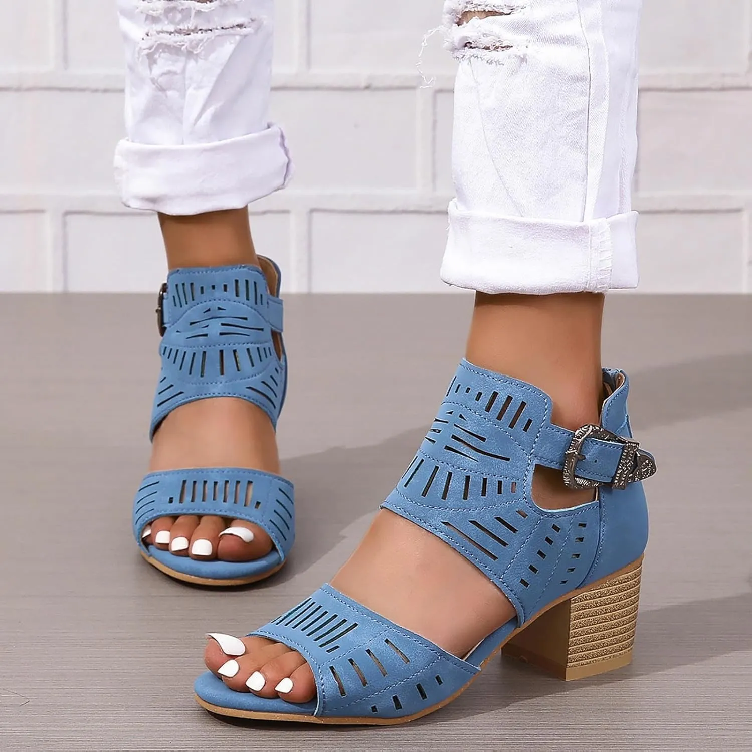 Womens Open Toe Ankle Booties 2025 Summer Hollow Out Chunky Heels Cutout Sandals Solid Color Casual Dress Footwear for Working Beach Vacation