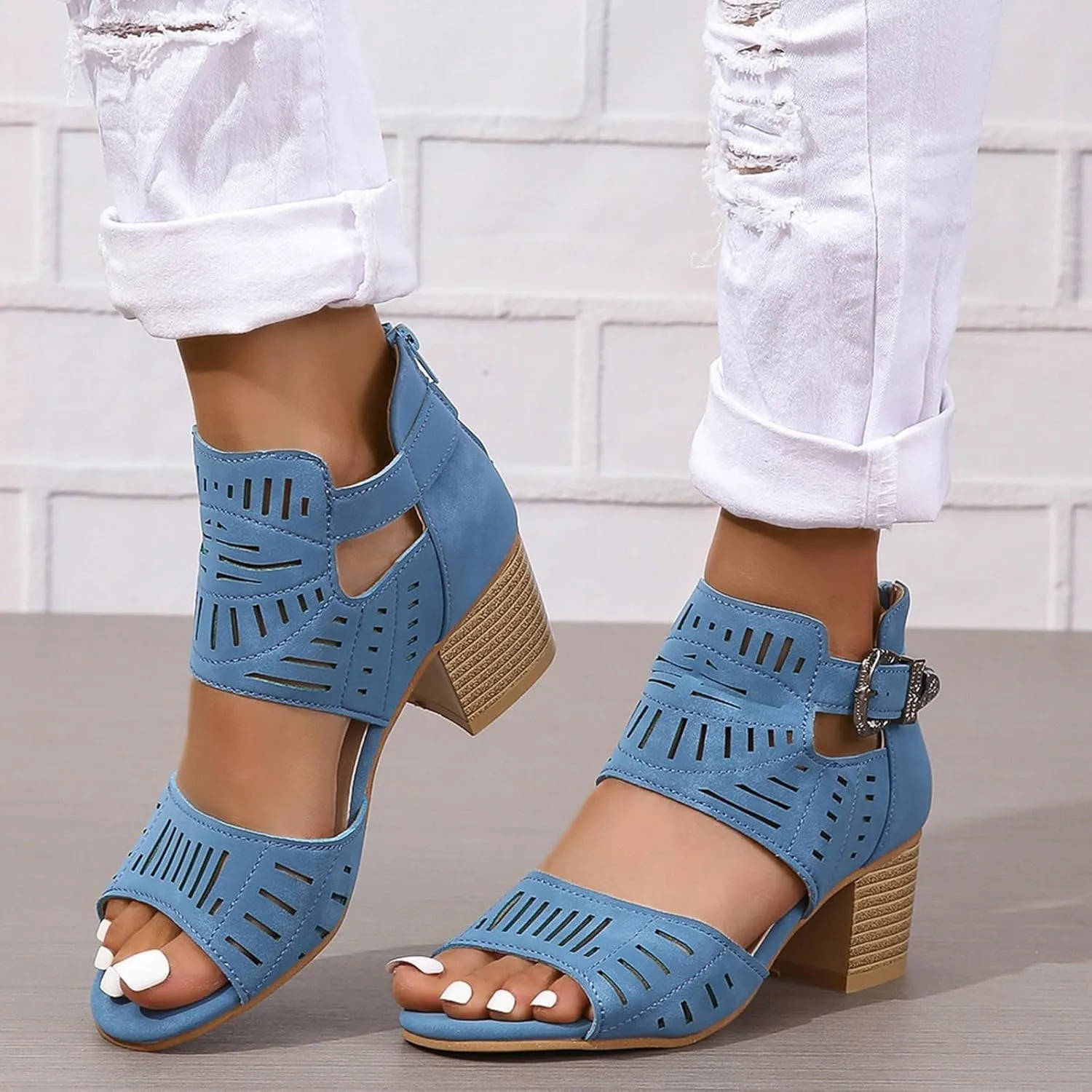 Womens Open Toe Ankle Booties 2025 Summer Hollow Out Chunky Heels Cutout Sandals Solid Color Casual Dress Footwear for Working Beach Vacation