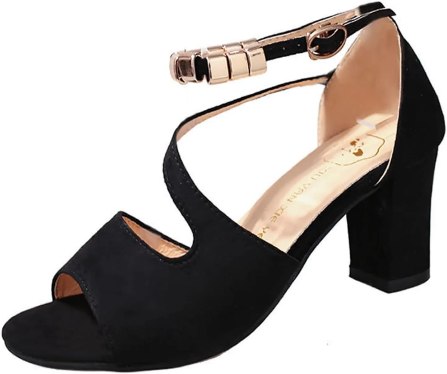 Womens Open Toe Ankle Strap Buckle Chunky High Heels Sandals Shoes Thick Sole High Fashion Heel Leather Rhinestones Buckle Mouth Ladies Fish Cushion Sandals