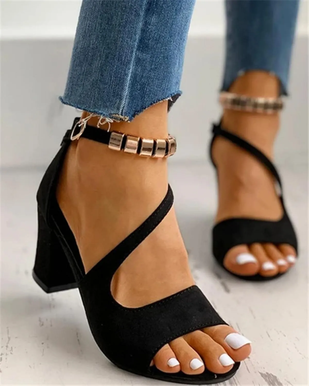Womens Open Toe Ankle Strap Buckle Chunky High Heels Sandals Shoes Thick Sole High Fashion Heel Leather Rhinestones Buckle Mouth Ladies Fish Cushion Sandals