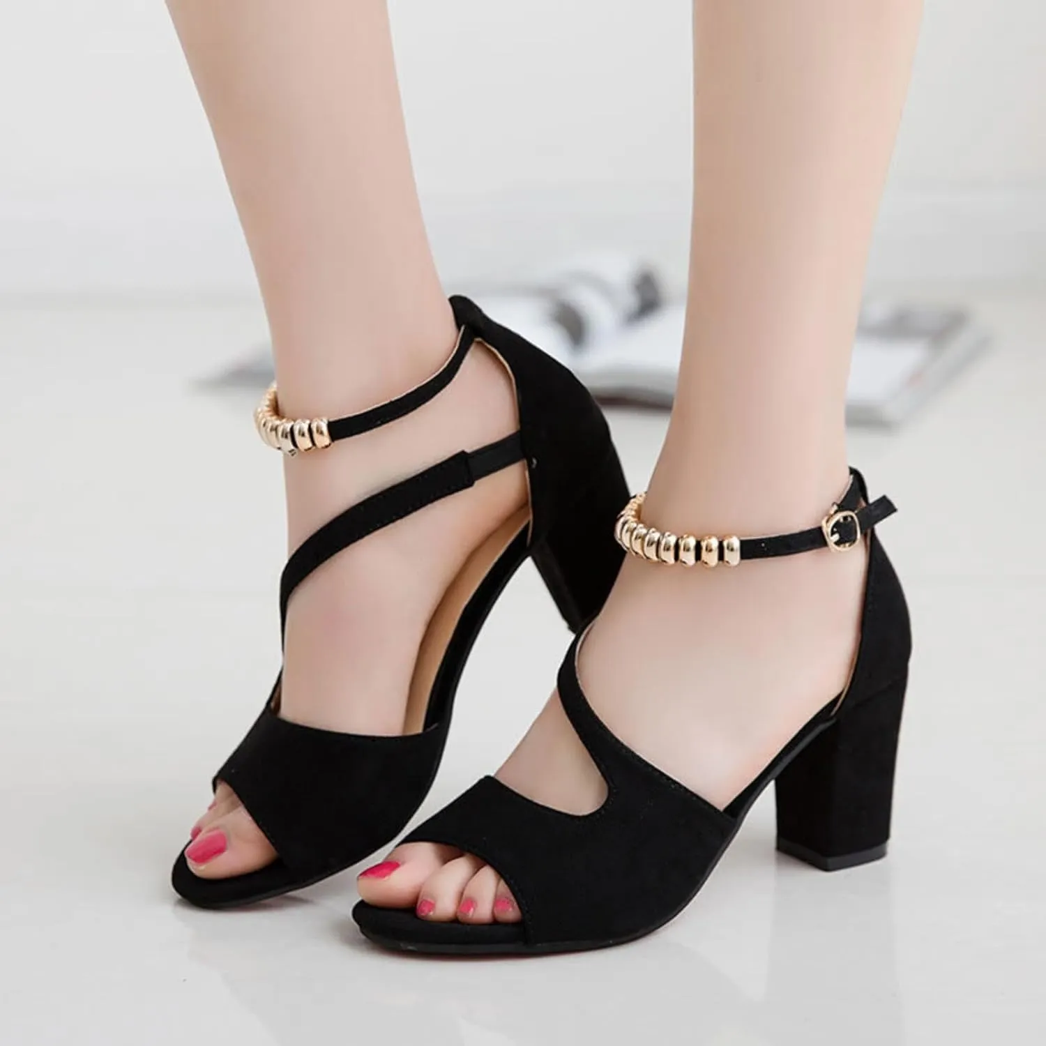 Womens Open Toe Ankle Strap Buckle Chunky High Heels Sandals Shoes Thick Sole High Fashion Heel Leather Rhinestones Buckle Mouth Ladies Fish Cushion Sandals