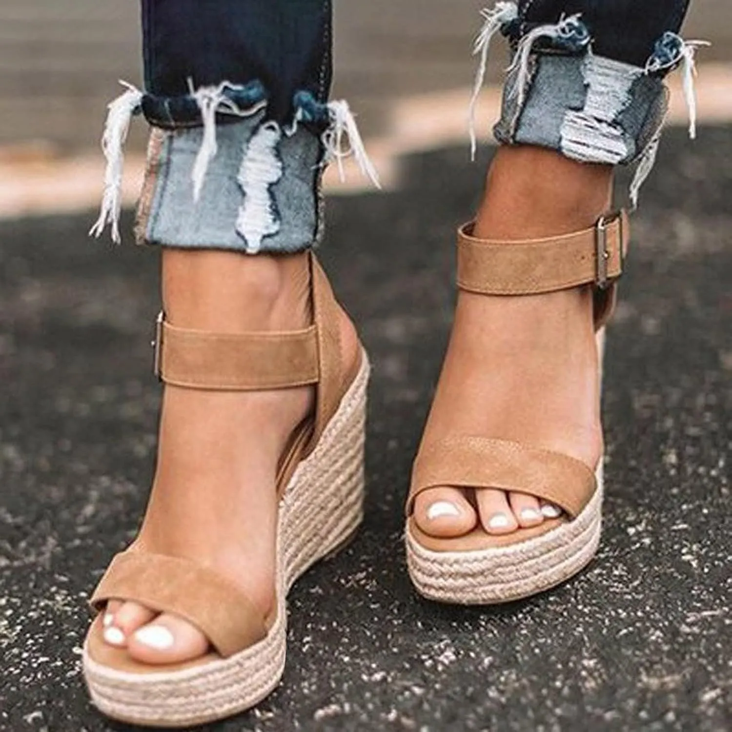 Womens Open Toe Espadrilles Wedges Summer Dressy Slip On Adjustable Ankle Strap Platform Sandals Fashion Breathable Suitable for Work Vacation Shoes