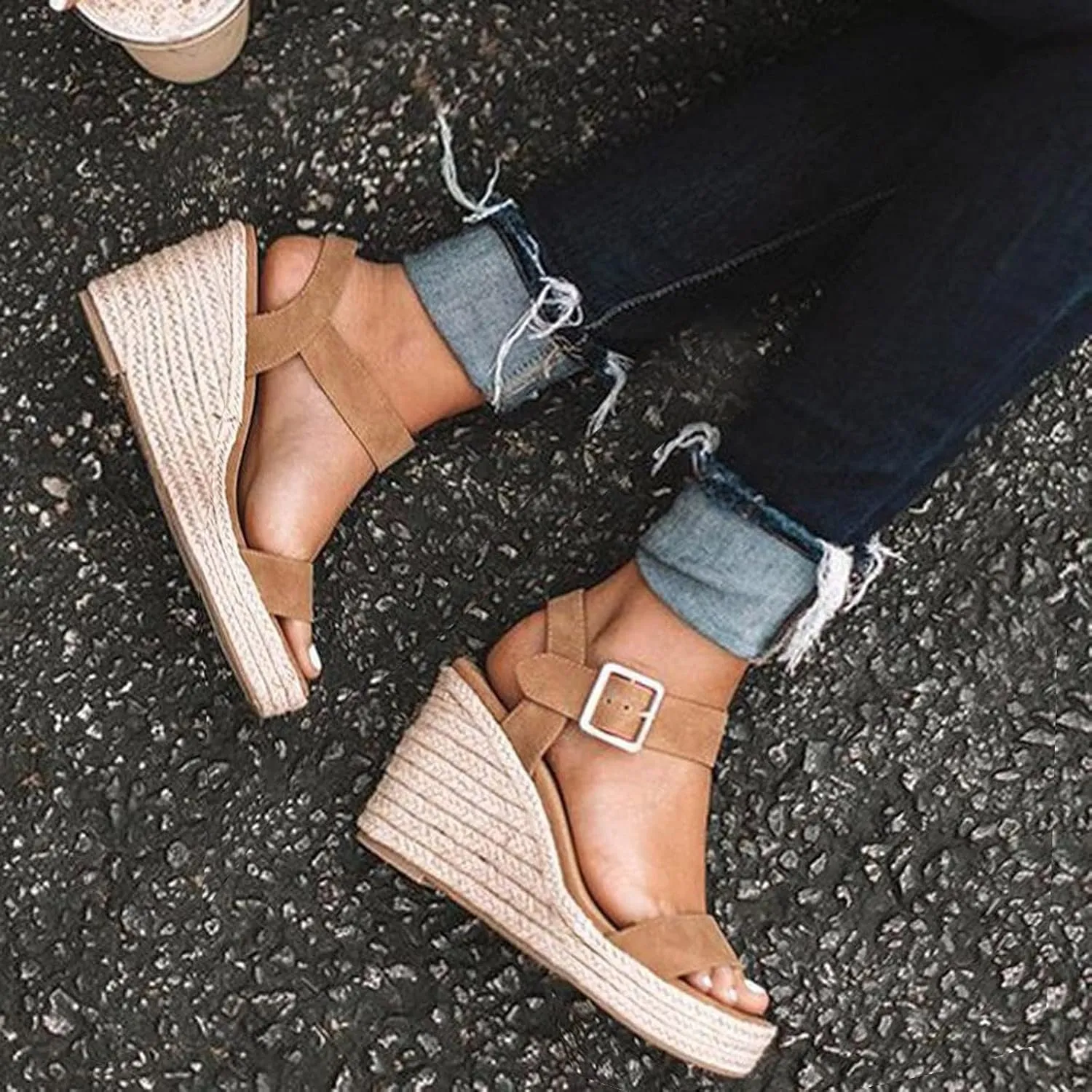 Womens Open Toe Espadrilles Wedges Summer Dressy Slip On Adjustable Ankle Strap Platform Sandals Fashion Breathable Suitable for Work Vacation Shoes