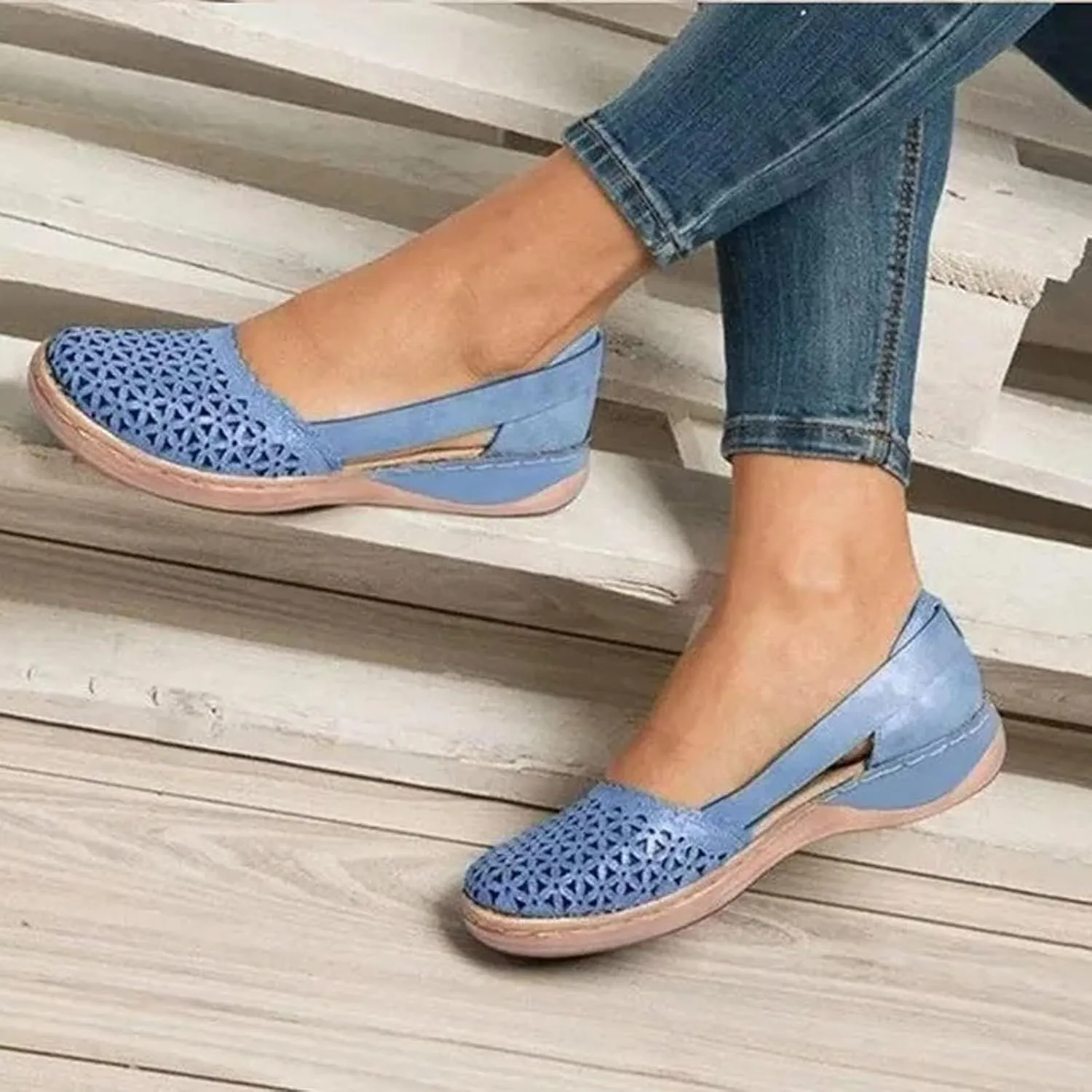 Womens Orthopedic Slip-On Loafers Breathable Hollow Out Wedge Sandals Fashion Open Back Flats Walking Shoes Comfortable Orthotic Shoes for Foot and Heel Pain Relief