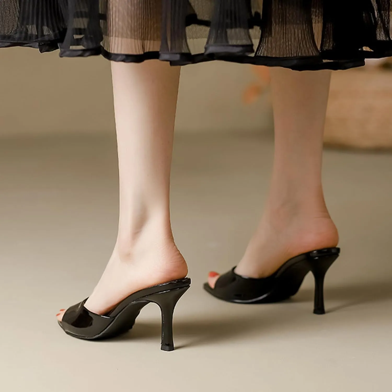 Women's Patent Leather Pointed Toe Open Toe High Heel Sandals Comfortable Slingback Slip-On Mule Sandals Fashionable Formal Party Dresses Pumps