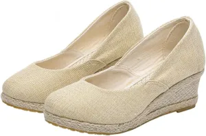 Women's Platform Espadrilles Wedge Sandals Pointed Toe Heels Shoes Solid Color Slip On Shoe Casual Summer Slide Shoes Canvas Wedges Sandal Comfortable Closed Toe Sandal for Daily Wear