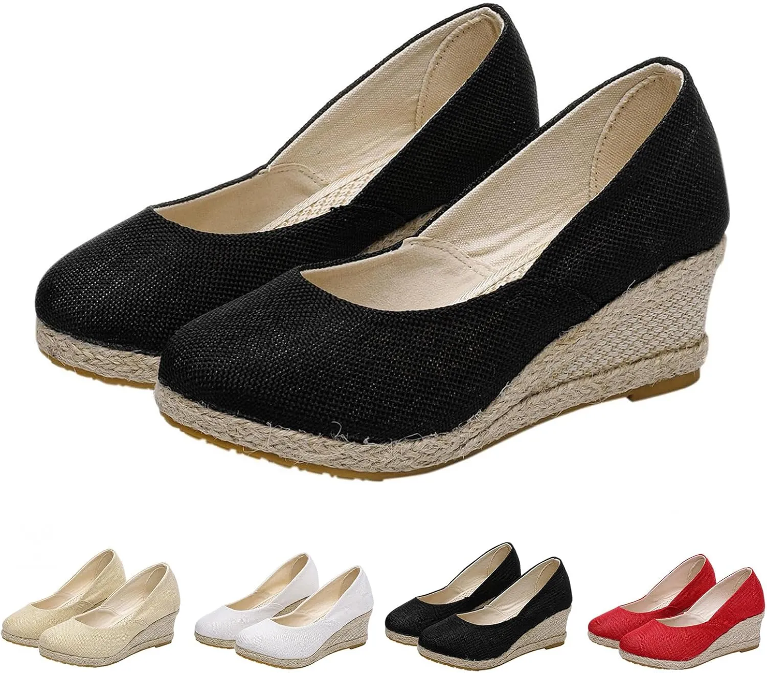 Women's Platform Espadrilles Wedge Sandals Pointed Toe Heels Shoes Solid Color Slip On Shoe Casual Summer Slide Shoes Canvas Wedges Sandal Comfortable Closed Toe Sandal for Daily Wear