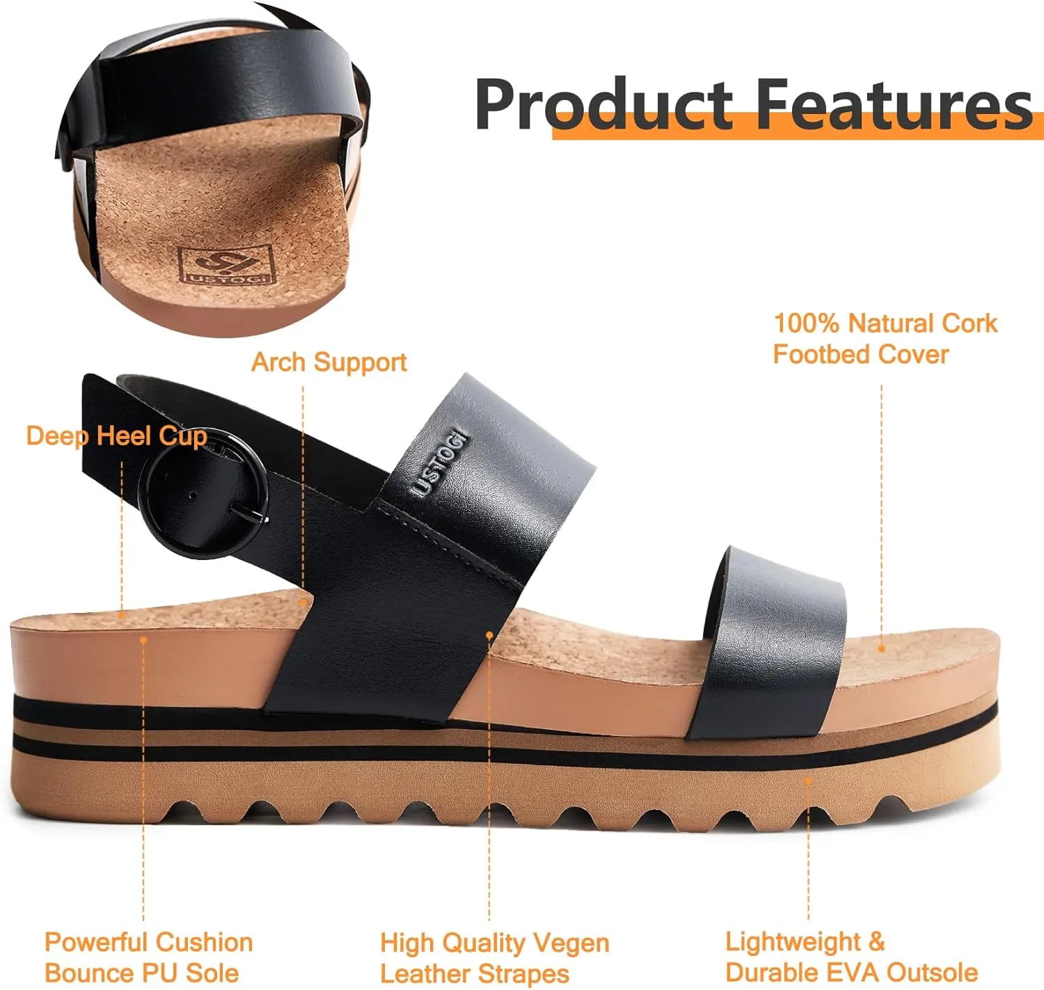 Women's Platform Sandals Arch Support Beach Slides for Woman Orthotic Summer Causal Cork Footbed Adjustable Buckle Elastic Band Cushion Cute Flatform sandalias de mujer