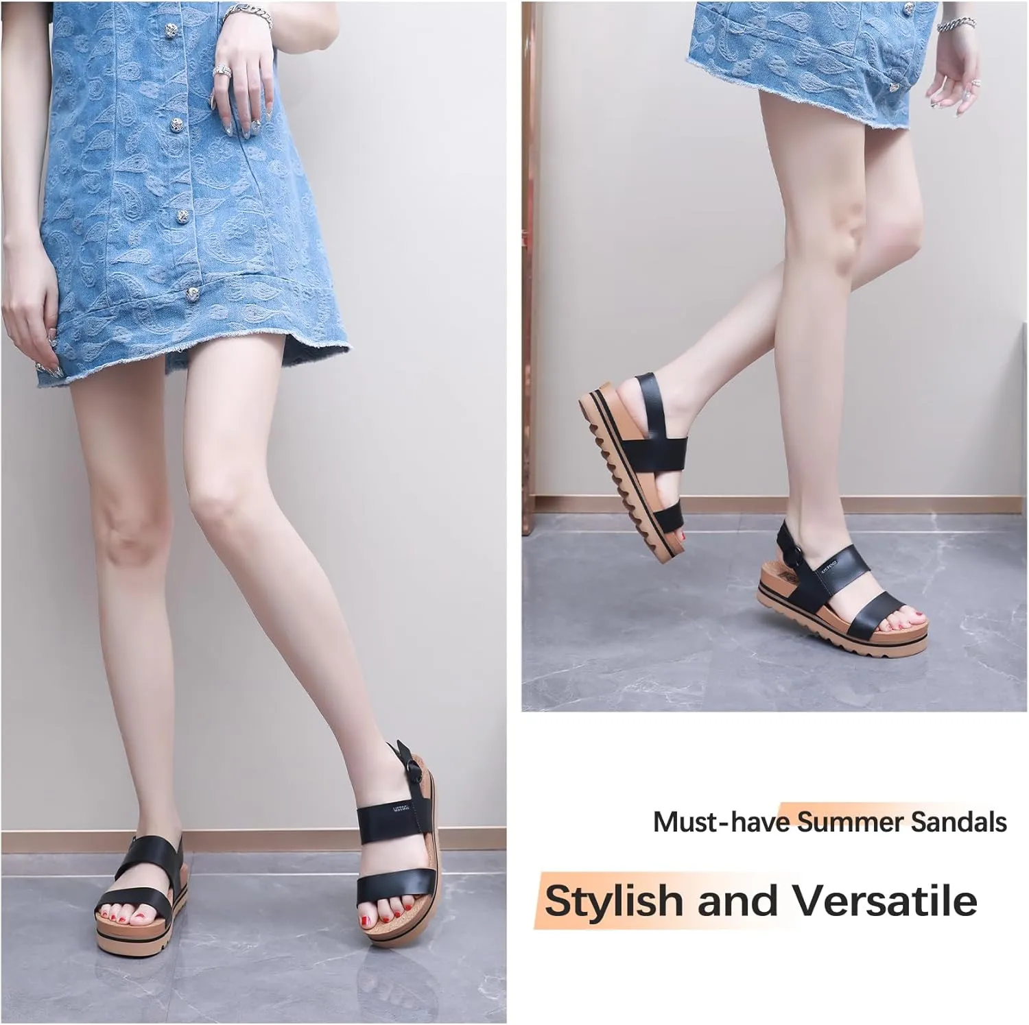 Women's Platform Sandals Arch Support Beach Slides for Woman Orthotic Summer Causal Cork Footbed Adjustable Buckle Elastic Band Cushion Cute Flatform sandalias de mujer