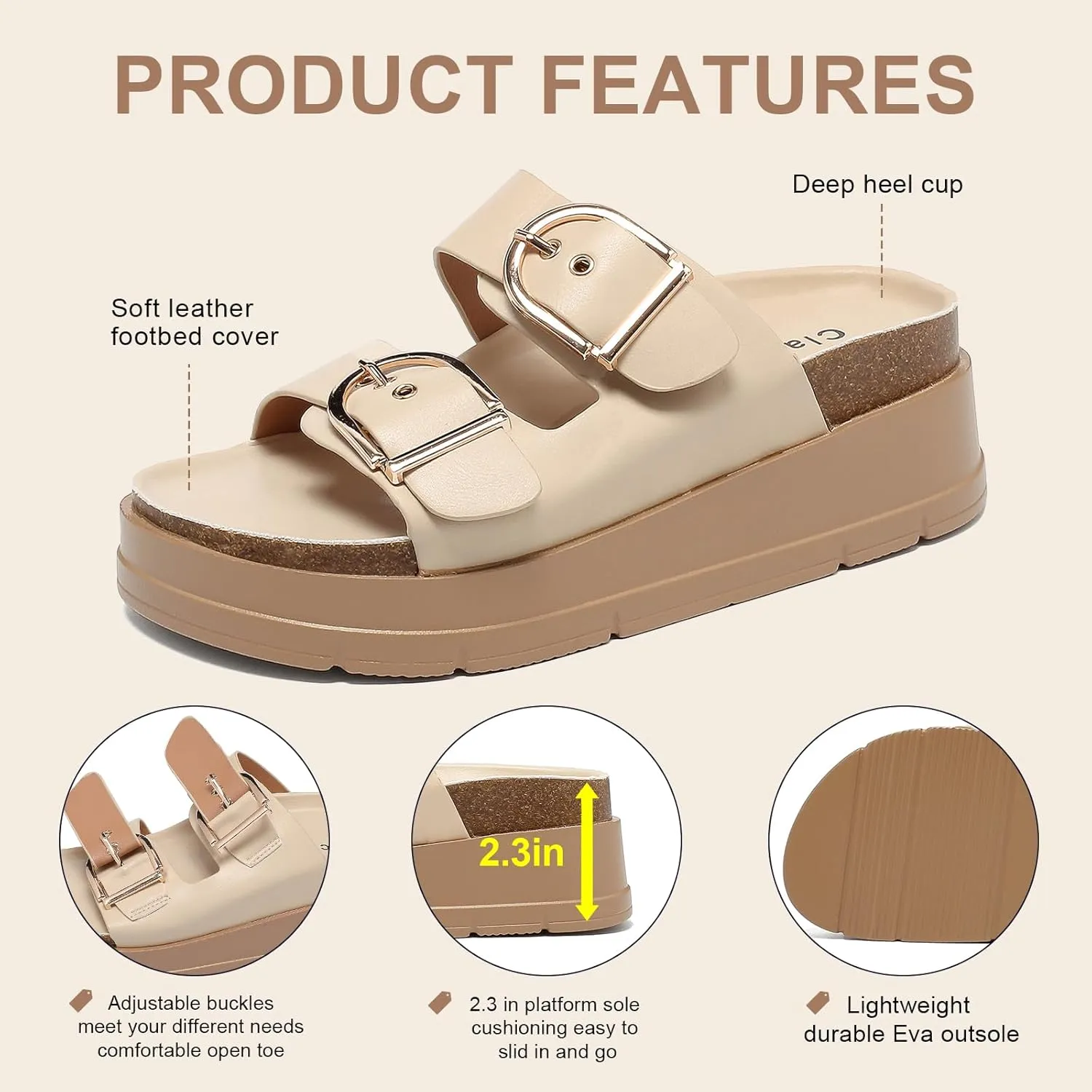 Womens Platform Sandals Cork Footbed with Comfort Double Buckles,Slip on Platform Slides Summer Beach Wide Widths Sandal Shoes
