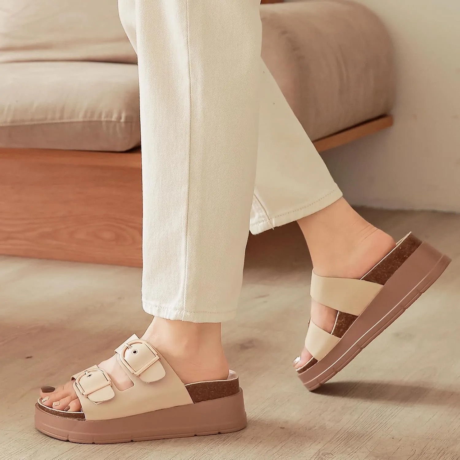 Womens Platform Sandals Cork Footbed with Comfort Double Buckles,Slip on Platform Slides Summer Beach Wide Widths Sandal Shoes
