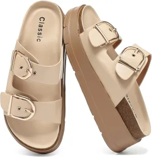 Womens Platform Sandals Cork Footbed with Comfort Double Buckles,Slip on Platform Slides Summer Beach Wide Widths Sandal Shoes