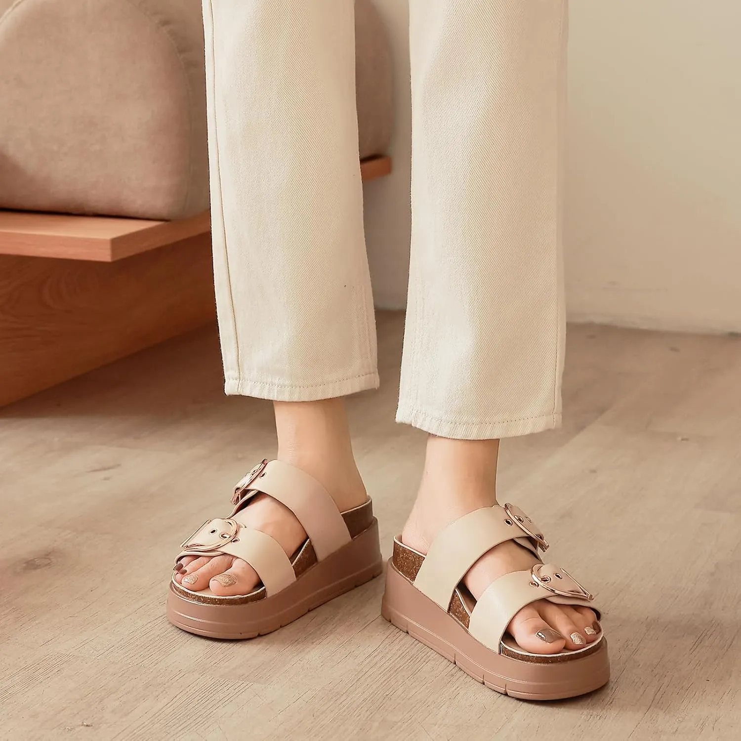 Womens Platform Sandals Cork Footbed with Comfort Double Buckles,Slip on Platform Slides Summer Beach Wide Widths Sandal Shoes