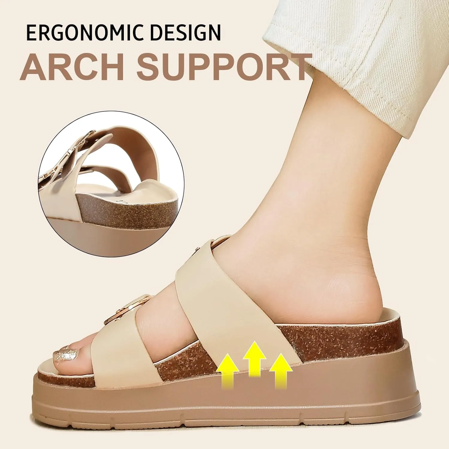 Womens Platform Sandals Cork Footbed with Comfort Double Buckles,Slip on Platform Slides Summer Beach Wide Widths Sandal Shoes