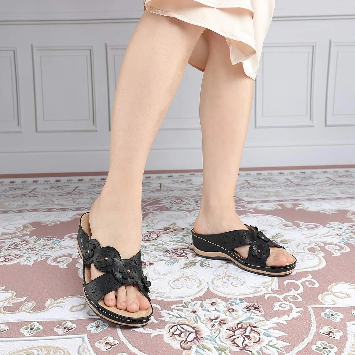 Women's Platform Wedge Comfort Cross Strap Flowers Slide Sandals-Shock Absorbtion Breathable holes Arch Support Footbed Indoors Or Outdoors Slip On