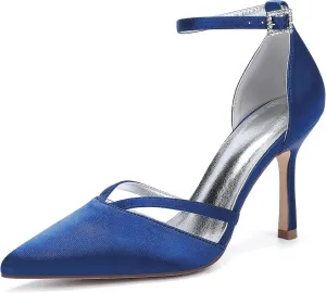 Womens Pumps for Bride Shoes Closed Toe Stiletto High Heels Wedding Pointed Toe Shoes Ankle Strap Satin Breathable Pointy Toe Sandals,Dark Blue,6