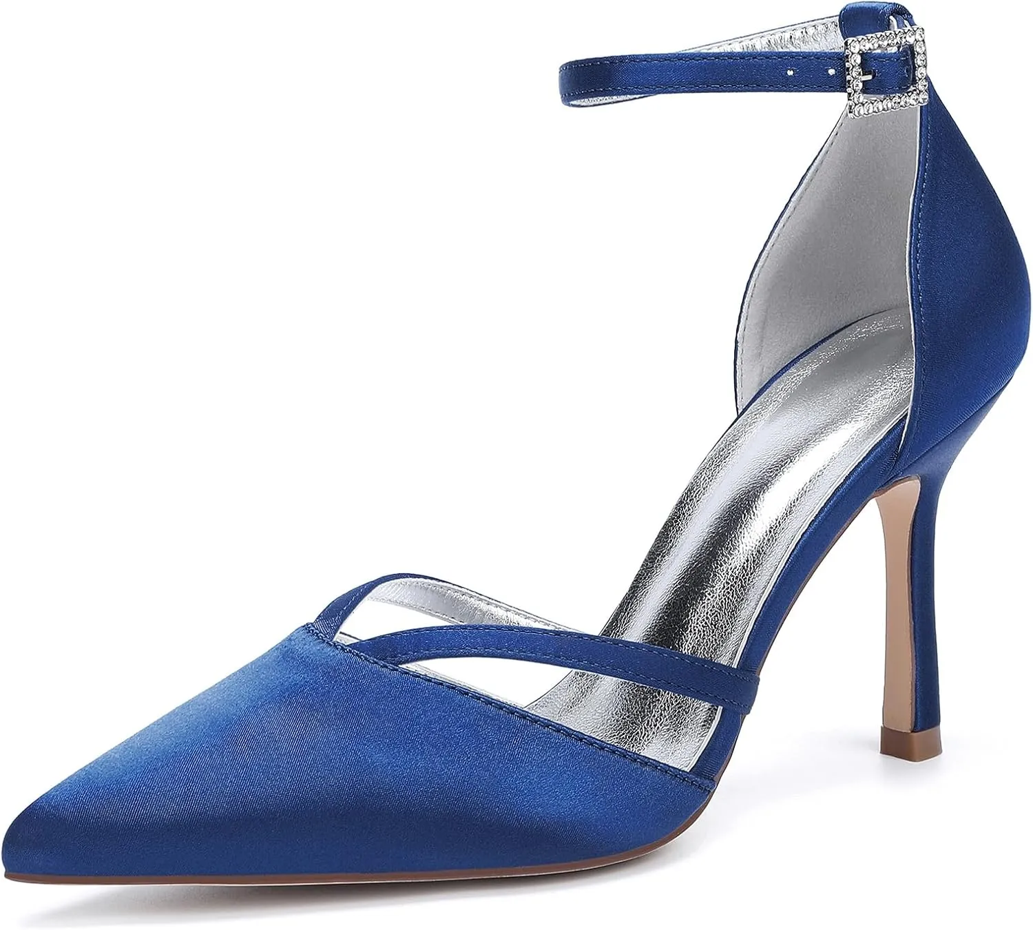 Womens Pumps for Bride Shoes Closed Toe Stiletto High Heels Wedding Pointed Toe Shoes Ankle Strap Satin Breathable Pointy Toe Sandals,Dark Blue,6