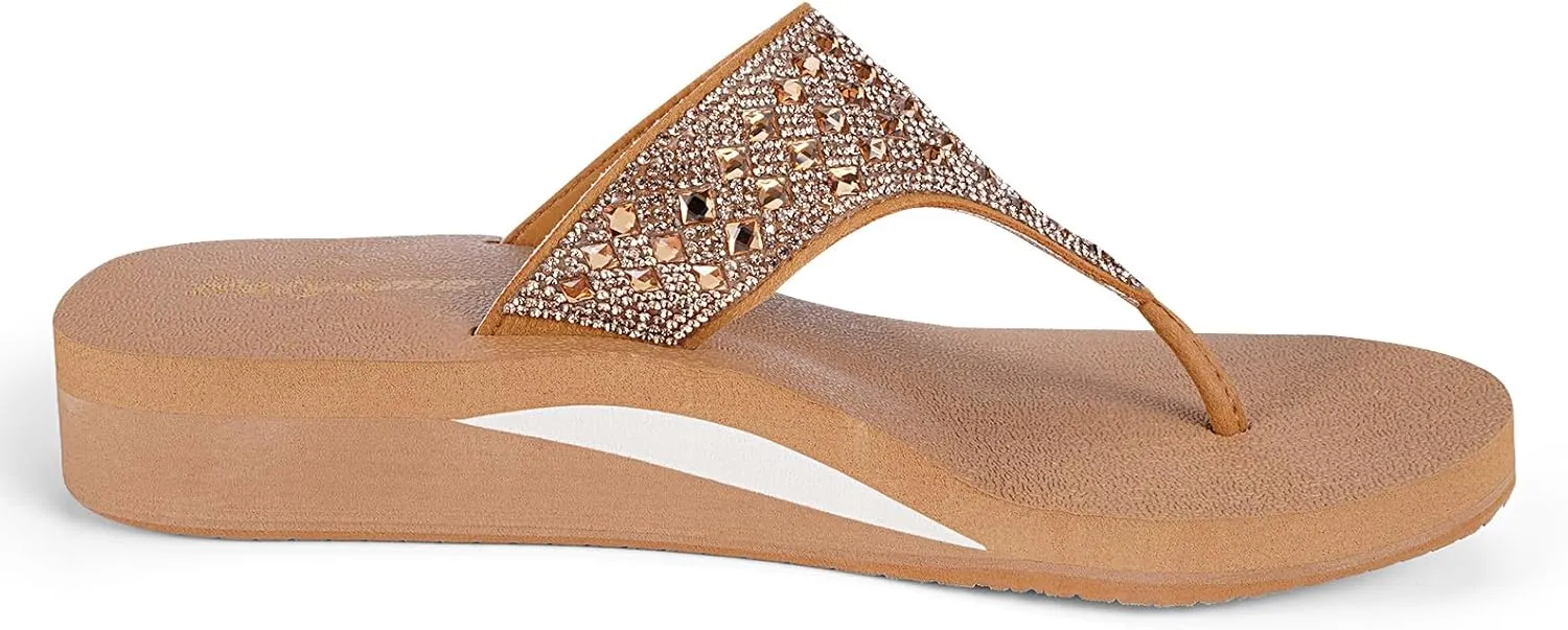 Womens Rhinestones Flip Flops Arch Support Mid Platform Bling Comfortable Flip-flops Jewel Dressy Thong Sandals
