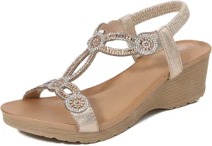Womens Sandals Beach Flowers Women Summer Fashion Breathable Wedge Low Heel Open Toe Dressy Elastic Ankle Strap Rhinestone Platform Wedges Sandal Comfortable Bohemian Fashion Shoes