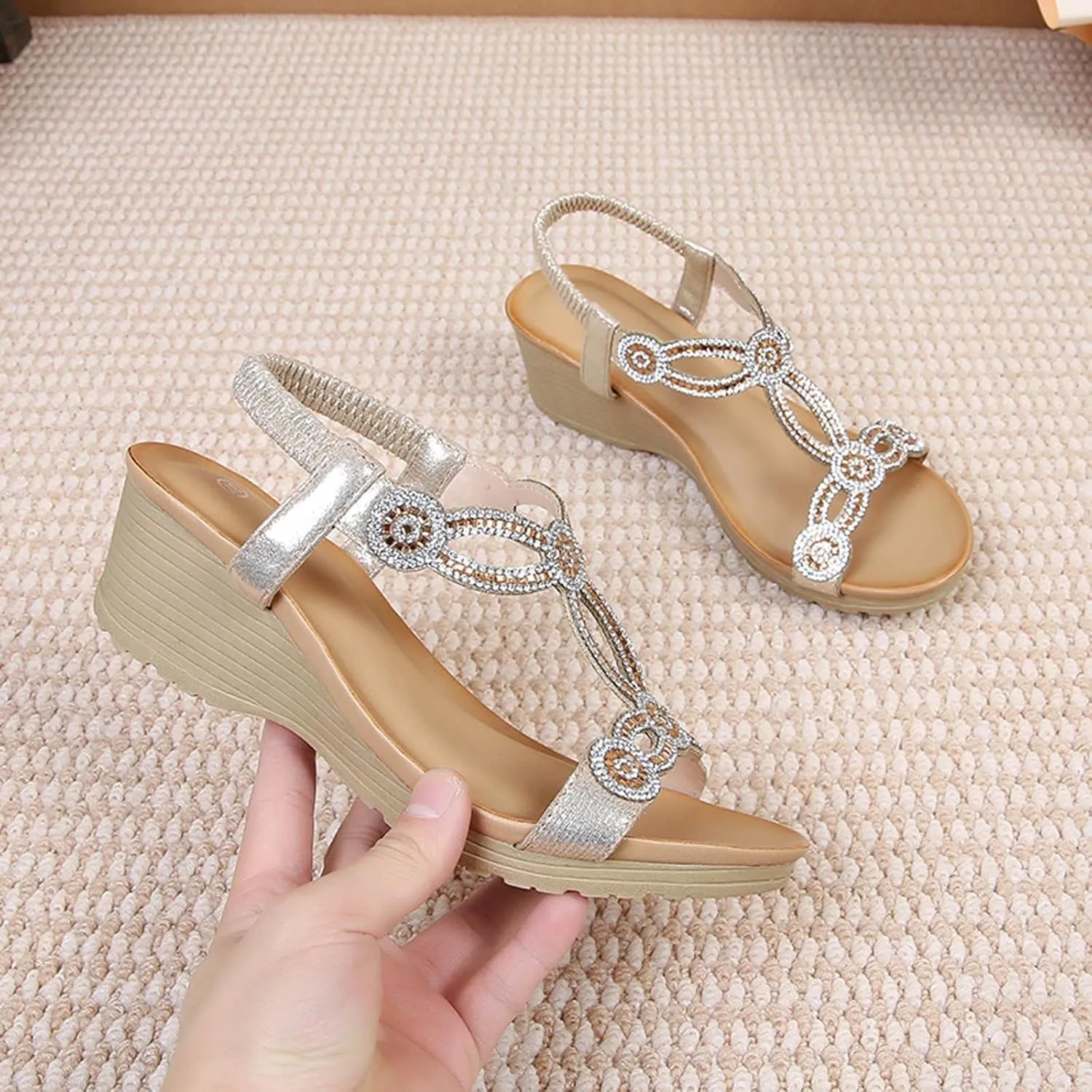 Womens Sandals Beach Flowers Women Summer Fashion Breathable Wedge Low Heel Open Toe Dressy Elastic Ankle Strap Rhinestone Platform Wedges Sandal Comfortable Bohemian Fashion Shoes