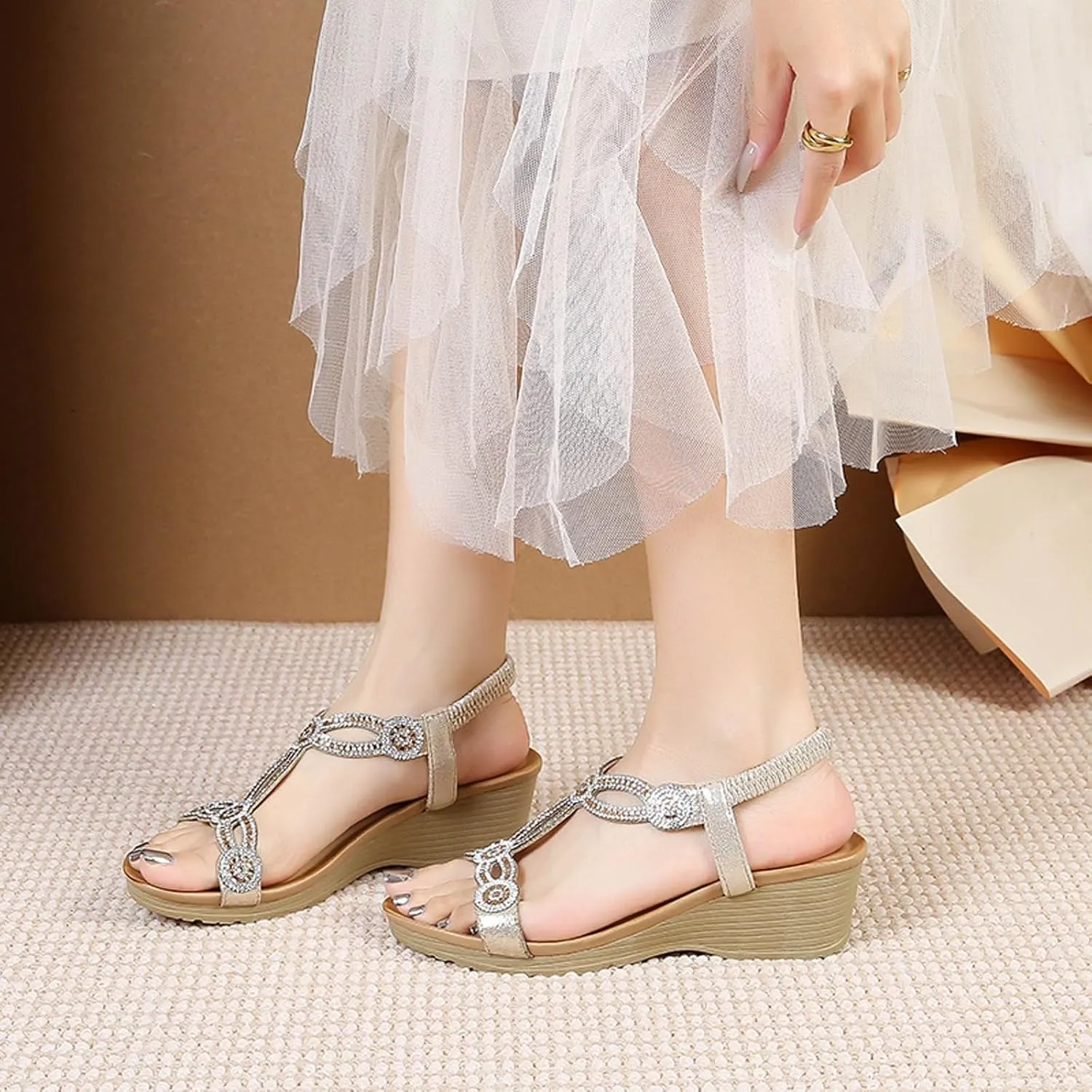 Womens Sandals Beach Flowers Women Summer Fashion Breathable Wedge Low Heel Open Toe Dressy Elastic Ankle Strap Rhinestone Platform Wedges Sandal Comfortable Bohemian Fashion Shoes