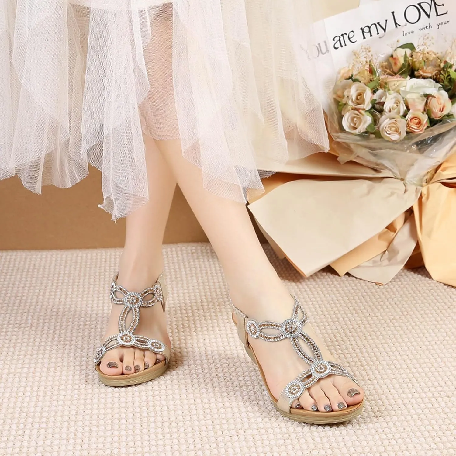 Womens Sandals Beach Flowers Women Summer Fashion Breathable Wedge Low Heel Open Toe Dressy Elastic Ankle Strap Rhinestone Platform Wedges Sandal Comfortable Bohemian Fashion Shoes