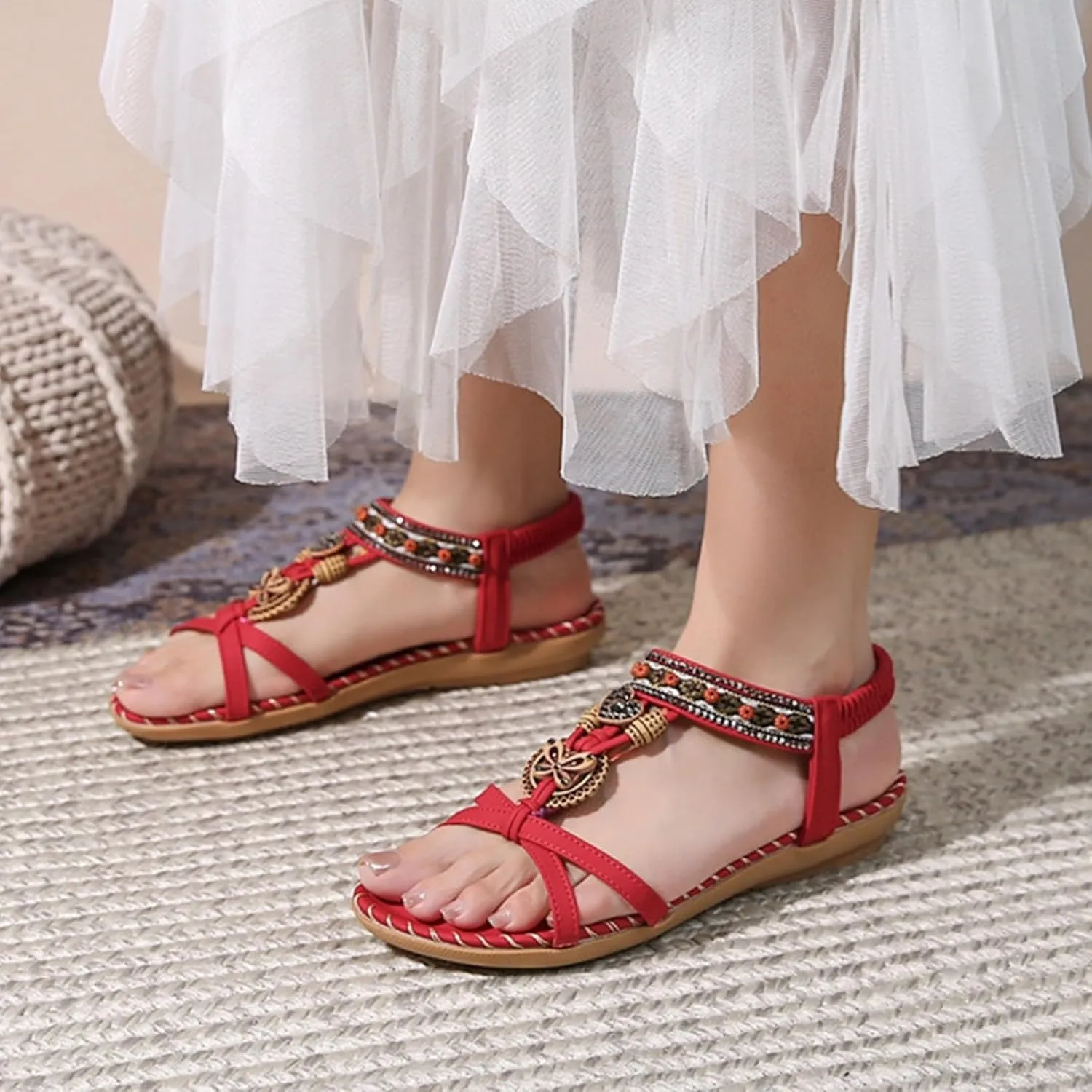 Womens Sandals Comfortable Dressy,Retro Braided Rope Flats Shoes Arch Support Beach Sandals Slip On Walking Sandals