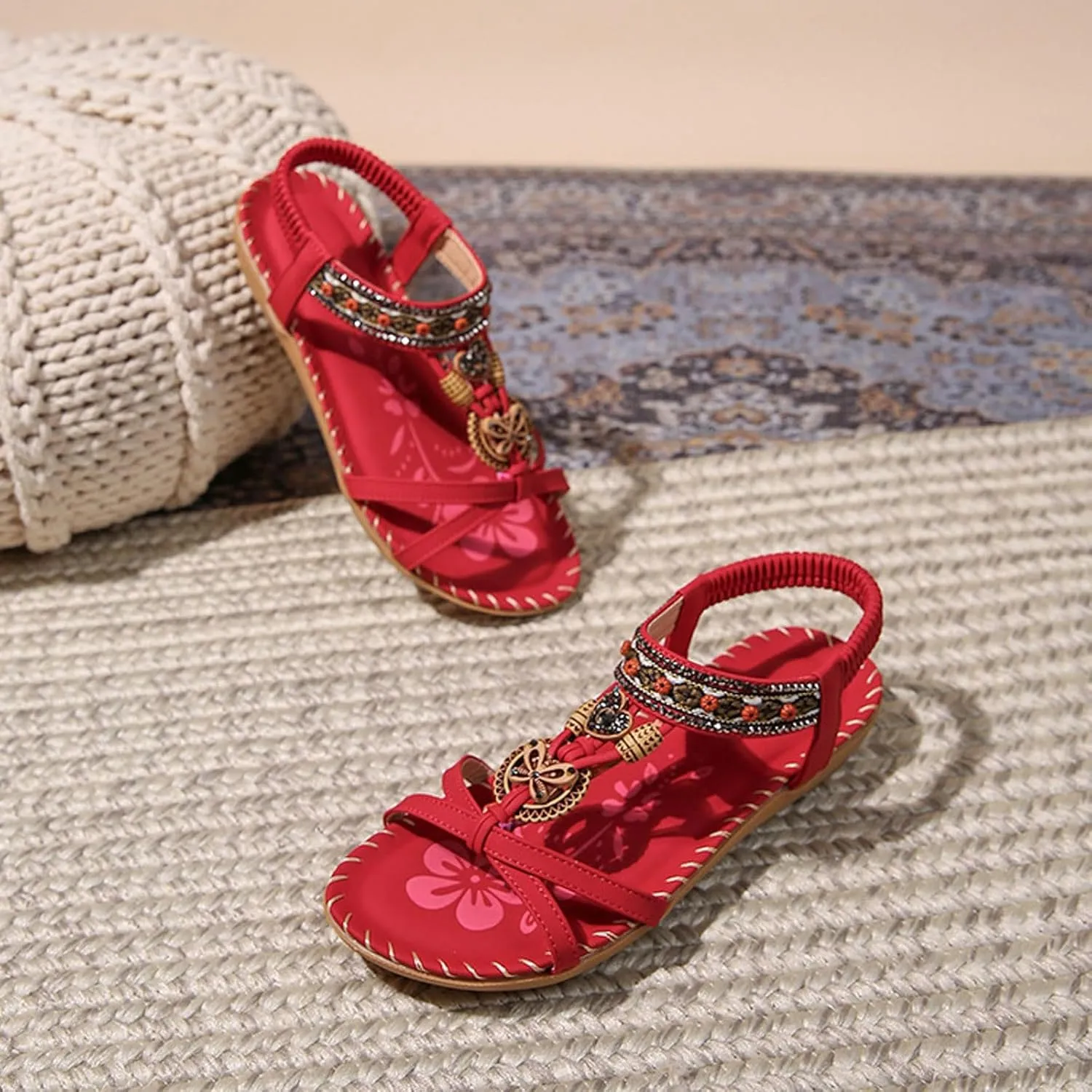 Womens Sandals Comfortable Dressy,Retro Braided Rope Flats Shoes Arch Support Beach Sandals Slip On Walking Sandals