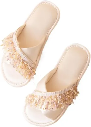 Women's Satin Tassel Slippers with Fringe Bride Slippers Bridesmaid Slides No Slip For Wedding Party Spa Indoor Use