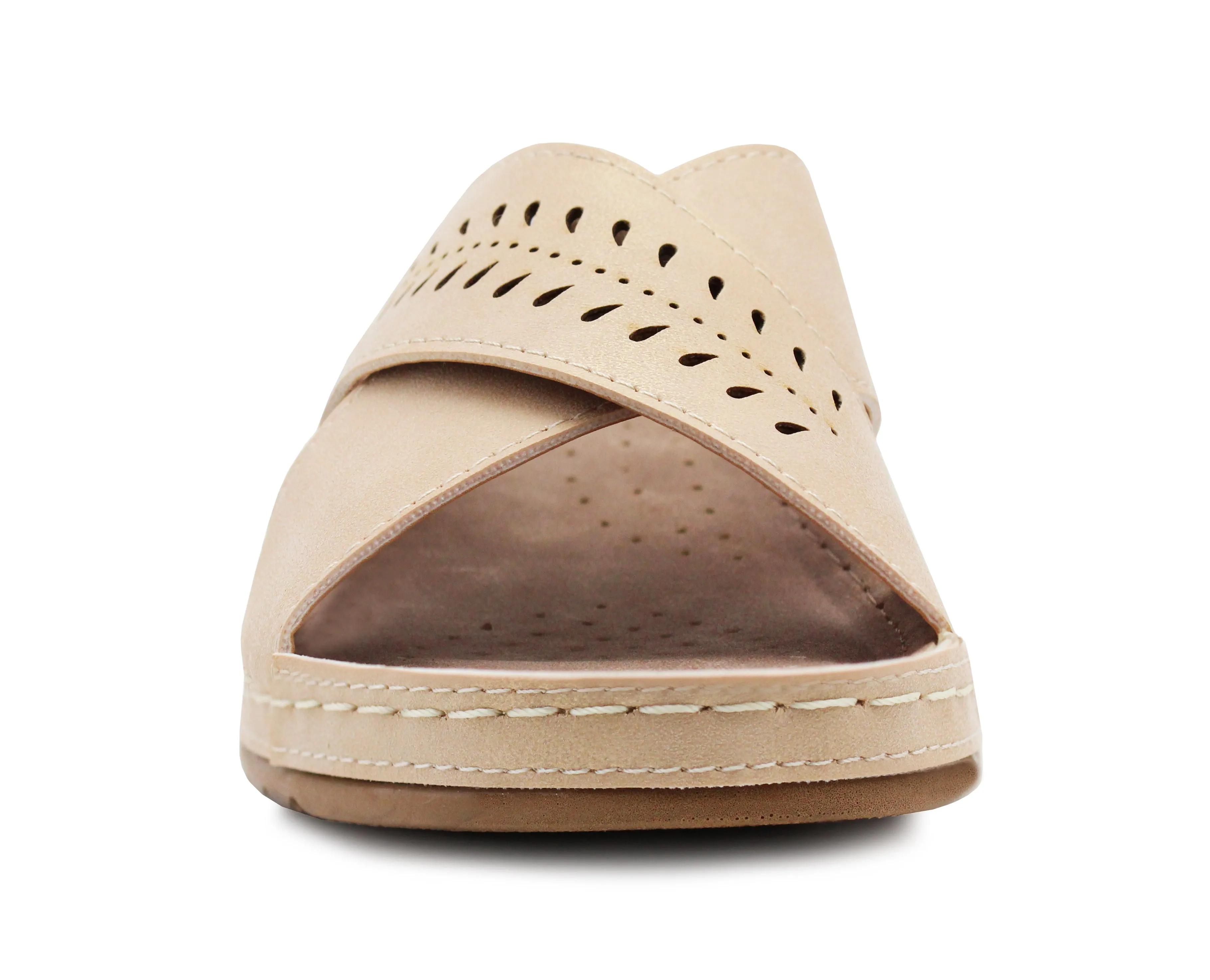 Womens Slip On Sandals Gold Backless Low Wedge Open Toe Mules Summer Fashion Beach Slides Flip Flops