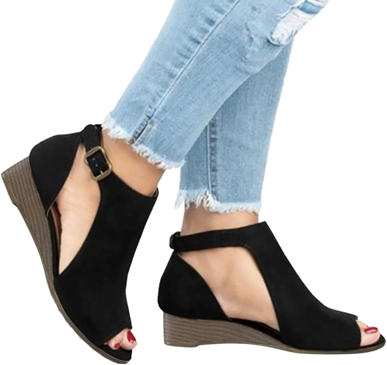 Womens Suede Peep Toe Chunky Heels Ankle Booties with Strap Cutout Wedge Back Zipper Sandals Dress Walking Boots Orthopedic Open Side Slides Breathable Hollow Mid Heel Shoes Platform Sandal