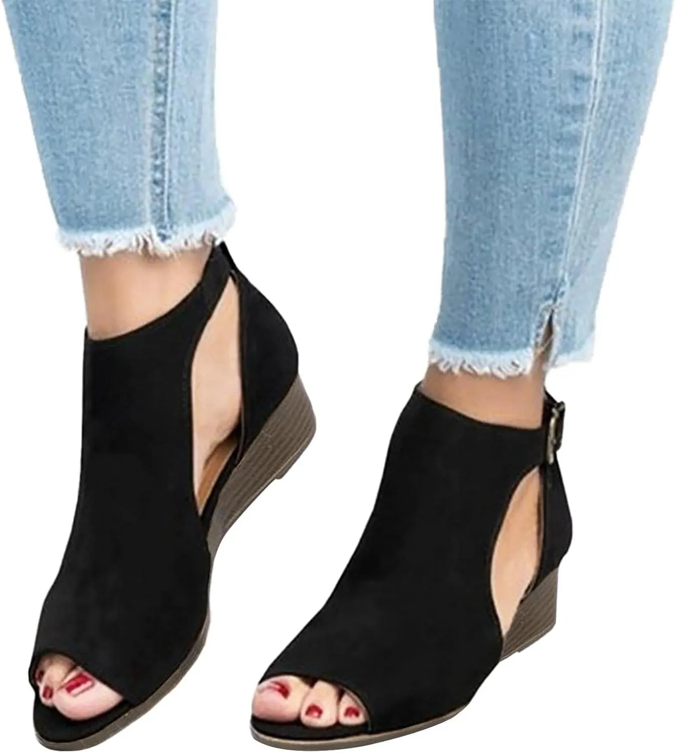 Womens Suede Peep Toe Chunky Heels Ankle Booties with Strap Cutout Wedge Back Zipper Sandals Dress Walking Boots Orthopedic Open Side Slides Breathable Hollow Mid Heel Shoes Platform Sandal
