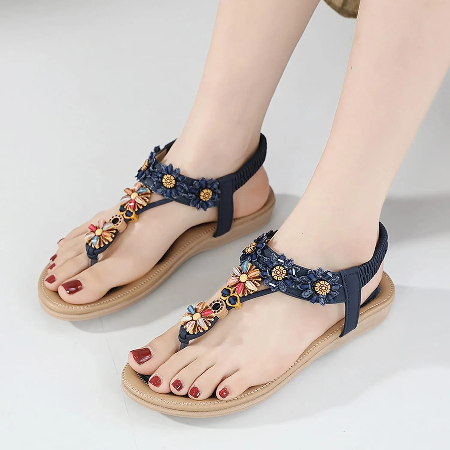 Womens Thong Sandal Bohemia Flowers Party Dress Shoes Elastic Ankle Strap Slip On Casual Beach Wedges Sandal