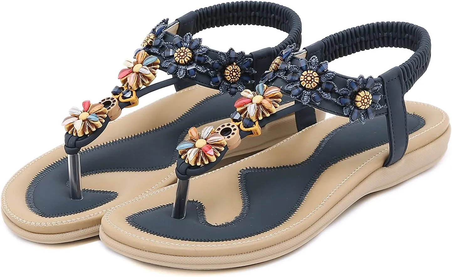 Womens Thong Sandal Bohemia Flowers Party Dress Shoes Elastic Ankle Strap Slip On Casual Beach Wedges Sandal