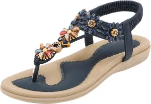 Womens Thong Sandal Bohemia Flowers Party Dress Shoes Elastic Ankle Strap Slip On Casual Beach Wedges Sandal