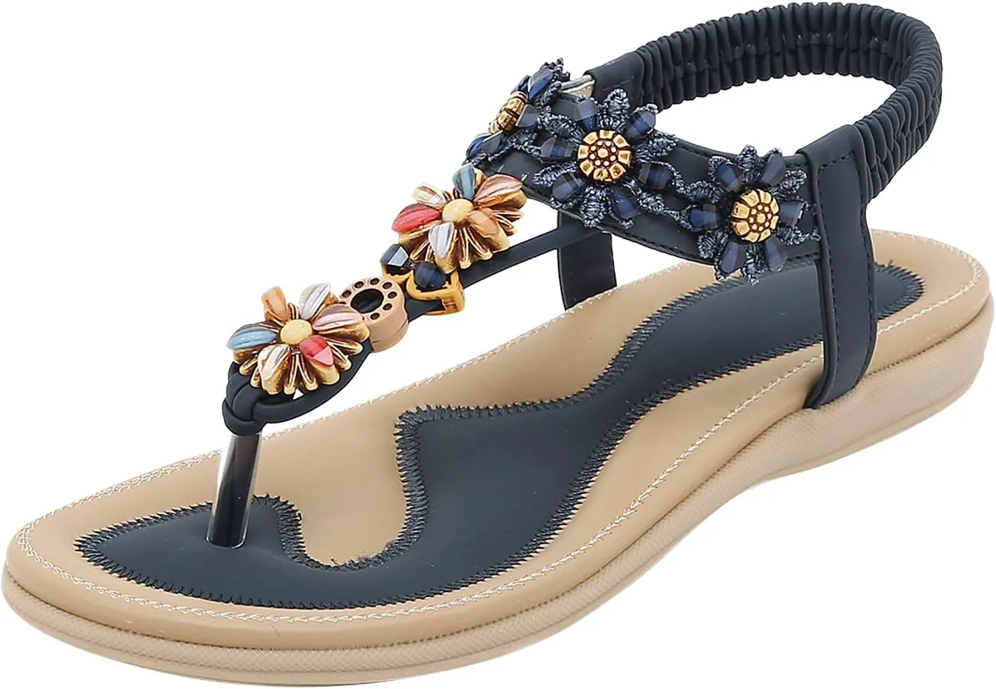 Womens Thong Sandal Bohemia Flowers Party Dress Shoes Elastic Ankle Strap Slip On Casual Beach Wedges Sandal