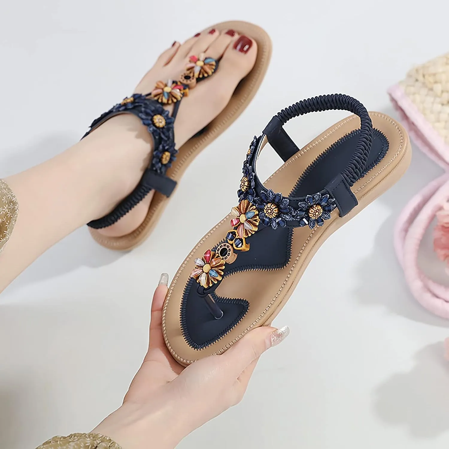 Womens Thong Sandal Bohemia Flowers Party Dress Shoes Elastic Ankle Strap Slip On Casual Beach Wedges Sandal