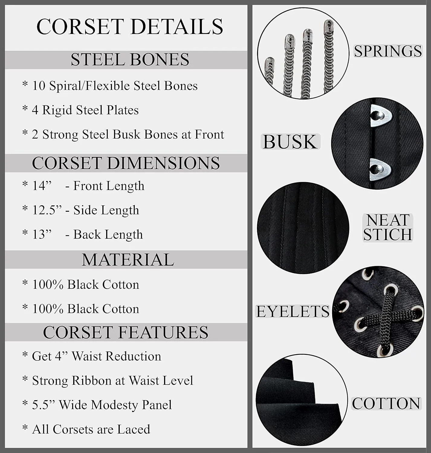 Women's Underbust Waist Trainer Corset Steel Boned Heavy Duty Twill Cotton Corset