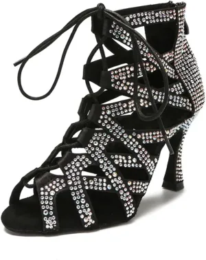 Women's Velvet Performance Sandals - Breathable Mesh Panels with Crystal Laces for Dance Rehearsals (6CM/2.36")